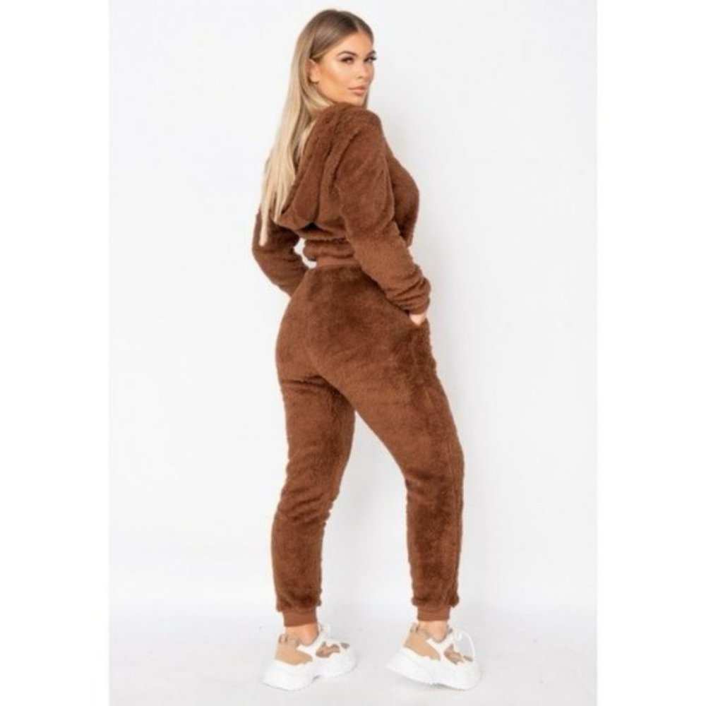 Brown Teddy Bear Fur Long Sleeve Hooded Crop Top and Jogger Pants Two Piece Set - Picture 6 of 15